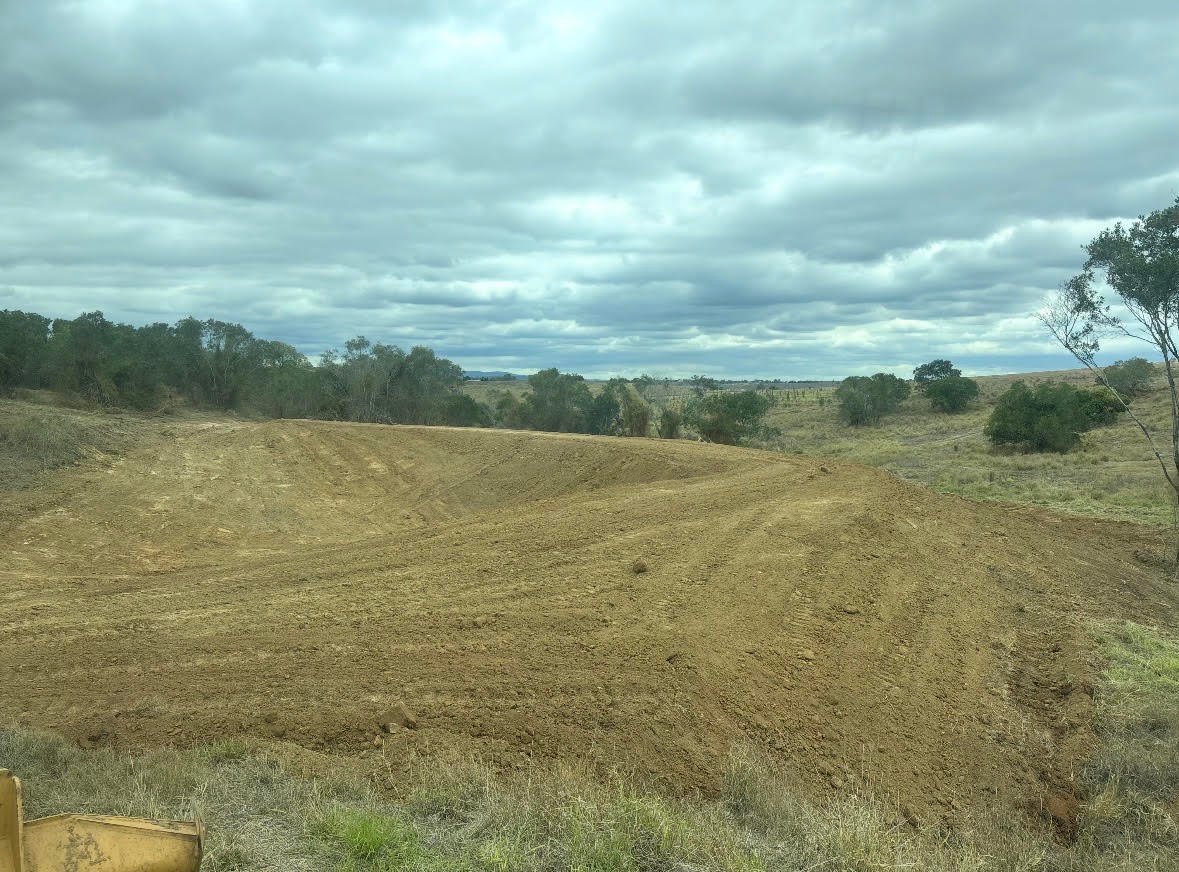 Plowed agricultural field with trees and mountains under overcast sky